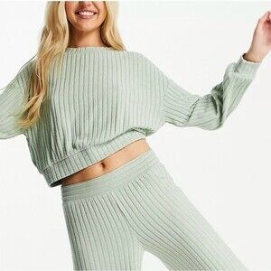 Gilly Hicks Two Piece Lounge Set Oatmeal Ribbed Side Slits TOP = S PANTS = XS *